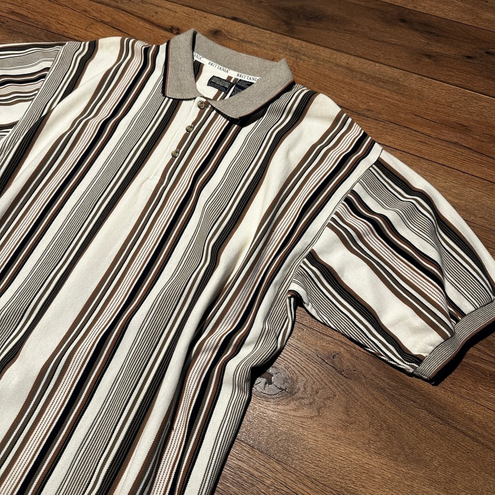 Vintage Brittania Levi Strauss Brown Striped Polo Shirt Mens XL